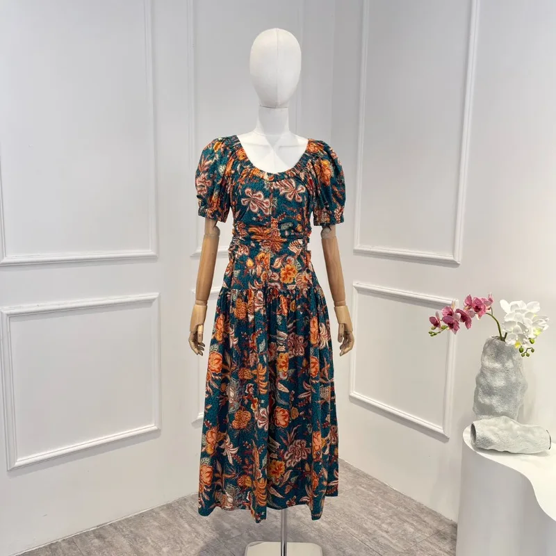 2023, Новое осеннее платье Миди из хлопка высшего качества в богемном стиле с цветочным принтом, вырезом на талии, коротким рукавом для женщин