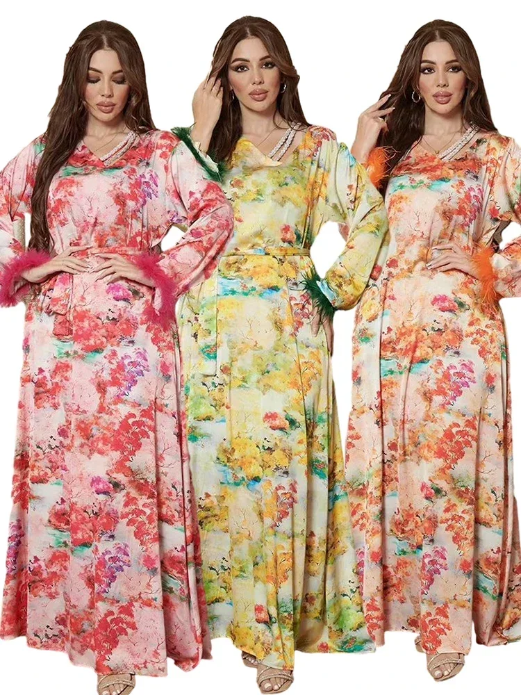 Мусульманское Платье Ид Женщины Абая Джалабия Бриллиантовое Перо Марокко Вечерние Платья Дубай Абаи Кафтан Ислам Vestidos Арабский Длинный Халат
