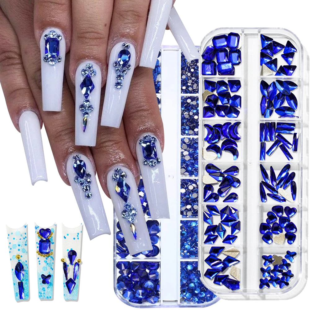 12 в 1 Коробке Разноцветные Стразы Для ногтей 3D Исправление Flatback Crystal Gems Смешанный Размер Бриллианта DIY Зеленый/Синий Nail Art Подвески HY # W2
