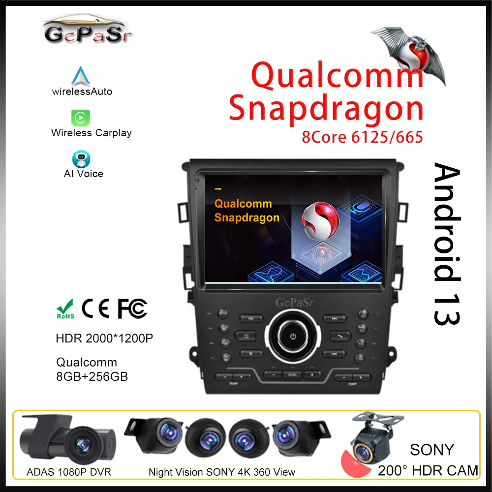 Стереосистема Qualcomm Android для Ford Mondeo 2 2013 - 2018 Автомобильный радиоприемник, Мультимедийный видеоплеер, Навигация, GPS, процессор, Bluetooth, 4G, камера заднего вида